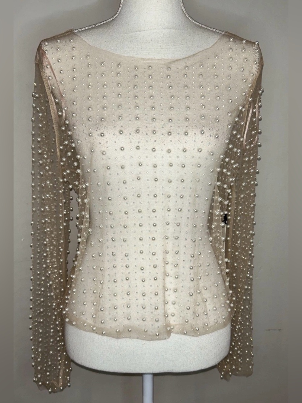 Haute Monde Beige Mesh Top/Blouse All Over Faux Pearl Sz XL NWT